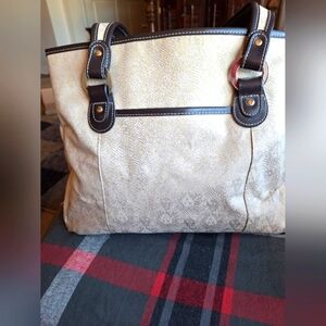 ANNE KLEIN Designer Handbag- Lion Embossed Logo Material- Beige w/ Brown Accents